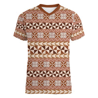Pasifika Sataoa Pattern Simple Motif Women V Neck T Shirt Brown Beige Tan LT9 Female Brown - Polynesian Pride