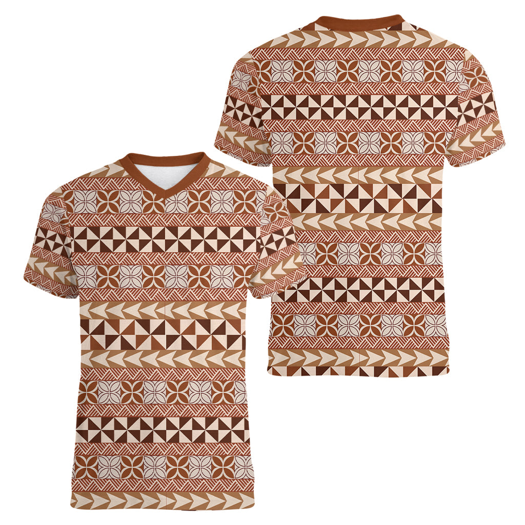 Pasifika Sataoa Pattern Simple Motif Women V Neck T Shirt Brown Beige Tan LT9 - Polynesian Pride