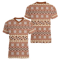 Pasifika Sataoa Pattern Simple Motif Women V Neck T Shirt Brown Beige Tan LT9 - Polynesian Pride