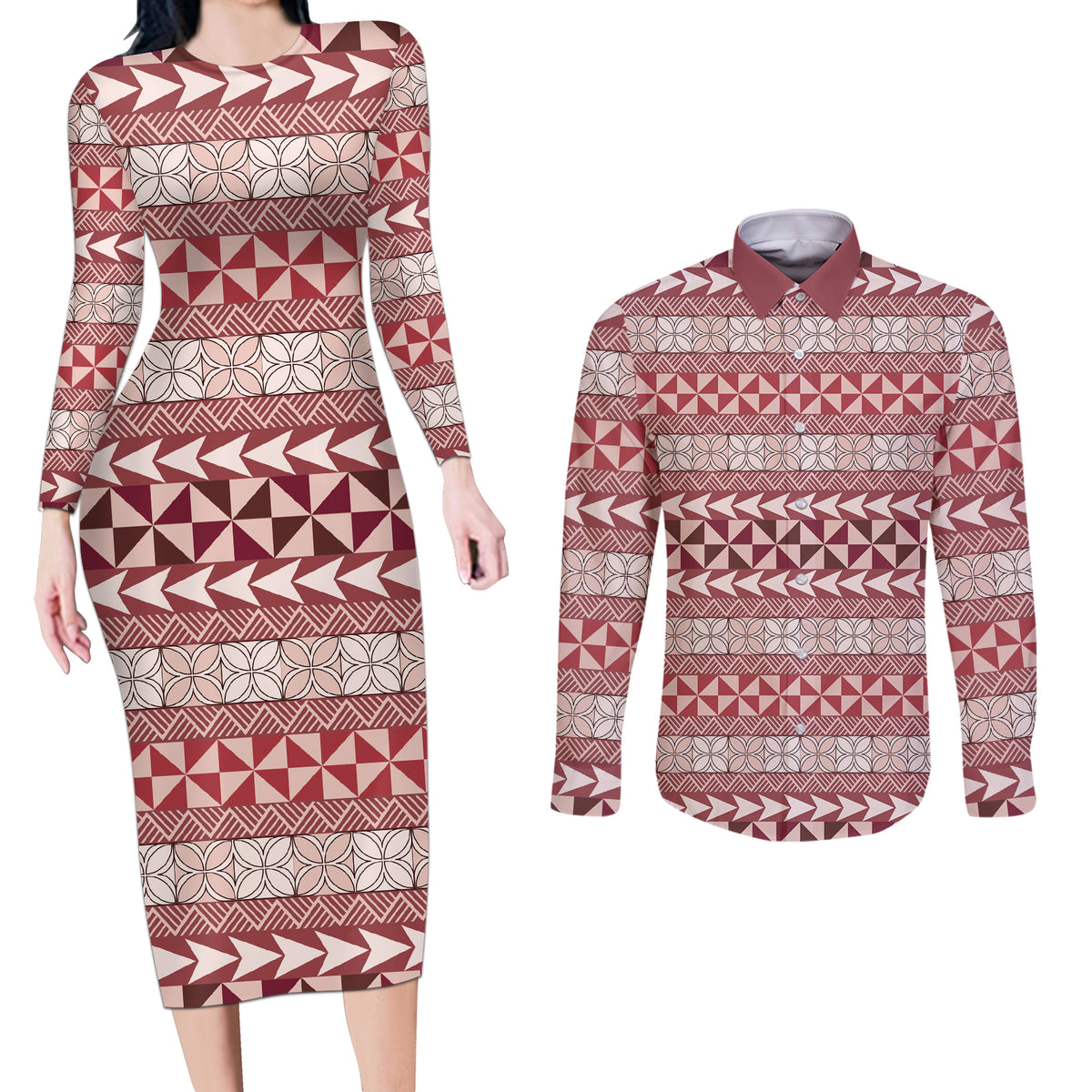 Pasifika Sataoa Pattern Simple Motif Couples Matching Long Sleeve Bodycon Dress and Long Sleeve Button Shirt Cherry LT9 Cherry - Polynesian Pride
