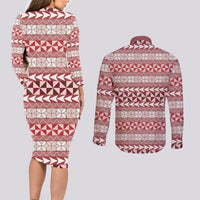 Pasifika Sataoa Pattern Simple Motif Couples Matching Long Sleeve Bodycon Dress and Long Sleeve Button Shirt Cherry LT9 - Polynesian Pride
