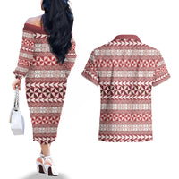 Pasifika Sataoa Pattern Simple Motif Couples Matching Off The Shoulder Long Sleeve Dress and Hawaiian Shirt Cherry LT9 - Polynesian Pride