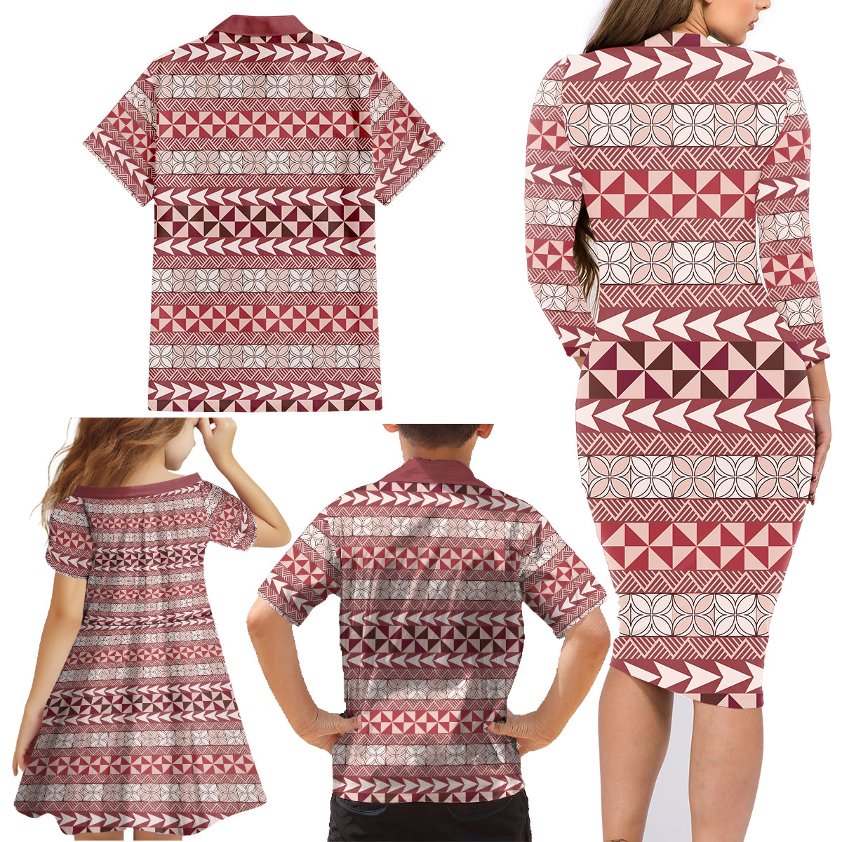 Pasifika Sataoa Pattern Simple Motif Family Matching Long Sleeve Bodycon Dress and Hawaiian Shirt Cherry LT9 - Polynesian Pride