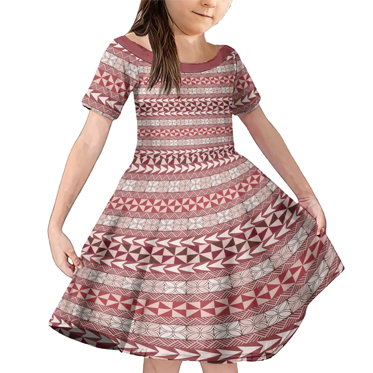 Pasifika Sataoa Pattern Simple Motif Family Matching Mermaid Dress and Hawaiian Shirt Cherry LT9 Daughter's Dress Cherry - Polynesian Pride