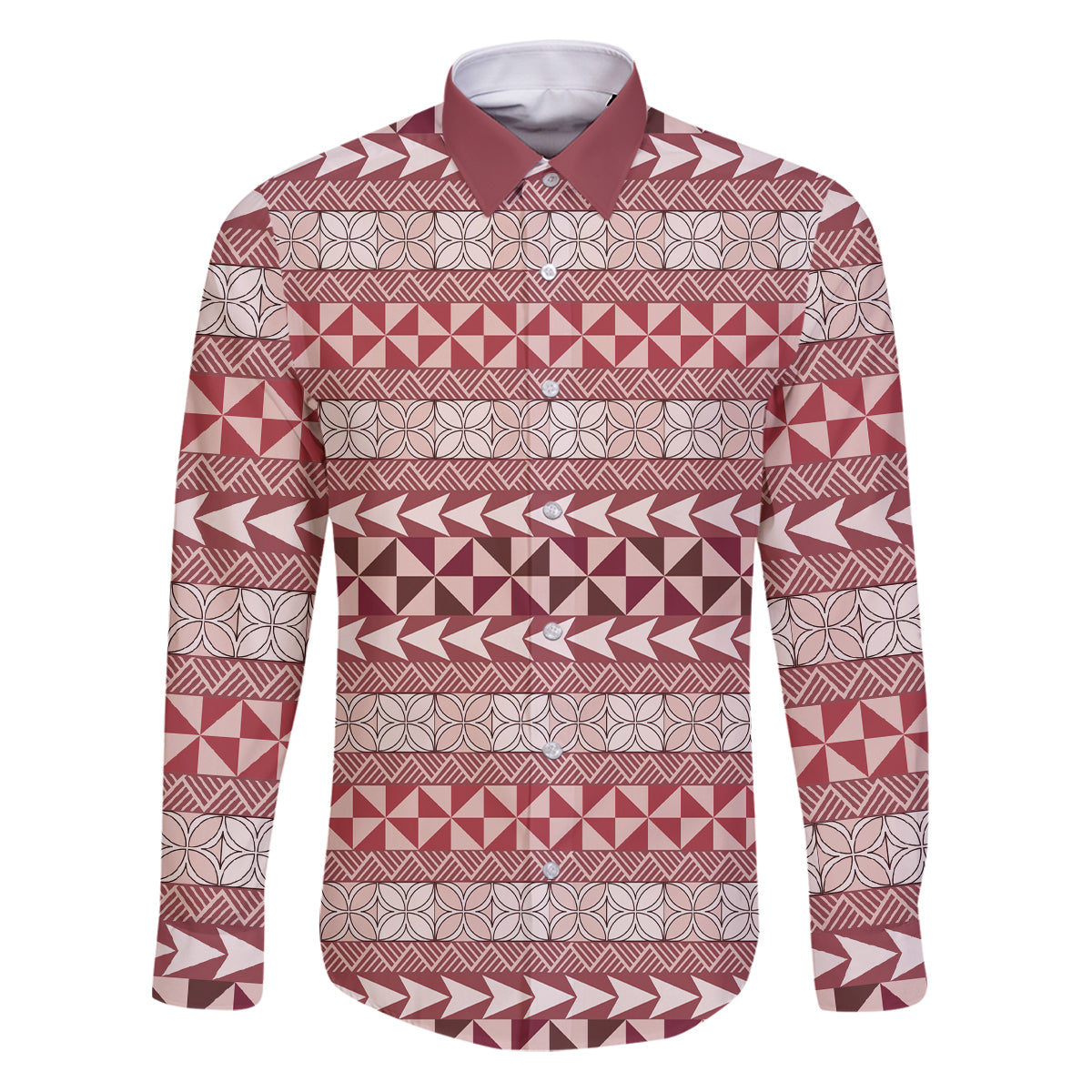 Pasifika Sataoa Pattern Simple Motif Family Matching Puletasi and Hawaiian Shirt Cherry LT9 Dad's Shirt - Long Sleeve Cherry - Polynesian Pride