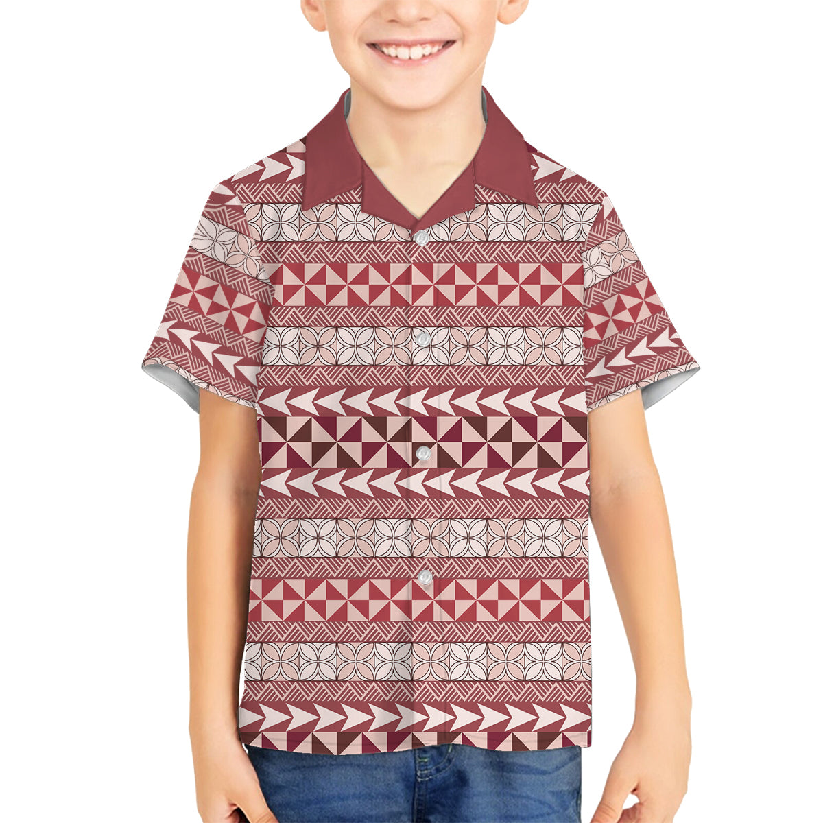 Pasifika Sataoa Pattern Simple Motif Family Matching Puletasi and Hawaiian Shirt Cherry LT9 Son's Shirt Cherry - Polynesian Pride