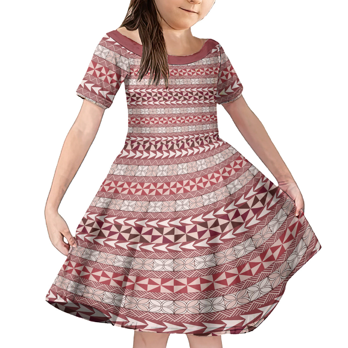 Pasifika Sataoa Pattern Simple Motif Kid Short Sleeve Dress Cherry LT9 KID Cherry - Polynesian Pride