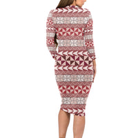 Pasifika Sataoa Pattern Simple Motif Long Sleeve Bodycon Dress Cherry LT9 - Polynesian Pride