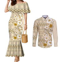 Pasifika Sataoa Pattern Plumeria Vintage Couples Matching Mermaid Dress and Long Sleeve Button Shirt Beige Tan LT9 Beige Tan - Polynesian Pride