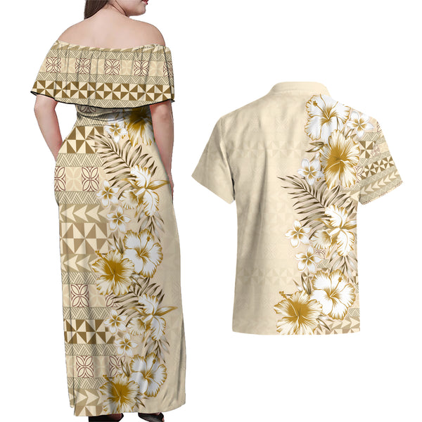 Polynesia Off Shoulder Maxi Dress Plumeria With Tribal Pattern Yellow Pastel Vibes LT14 main image 0