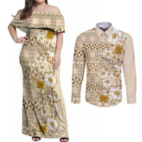 Pasifika Sataoa Pattern Plumeria Vintage Couples Matching Off Shoulder Maxi Dress and Long Sleeve Button Shirt Beige Tan LT9 Beige Tan - Polynesian Pride