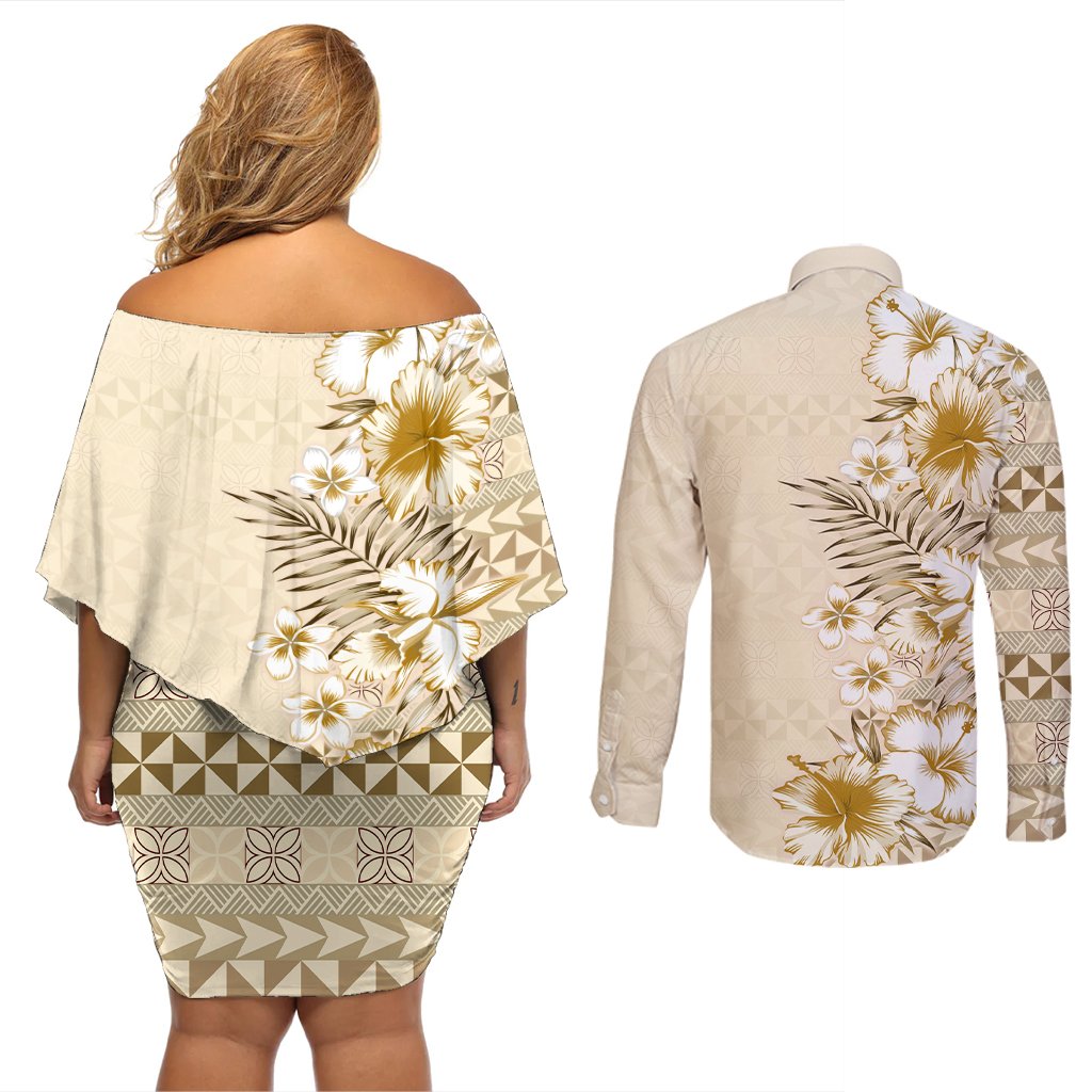 Pasifika Sataoa Pattern Plumeria Vintage Couples Matching Off Shoulder Short Dress and Long Sleeve Button Shirt Beige Tan LT9 - Polynesian Pride