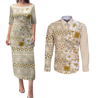 Pasifika Sataoa Pattern Plumeria Vintage Couples Matching Puletasi and Long Sleeve Button Shirt Beige Tan LT9 Beige Tan - Polynesian Pride