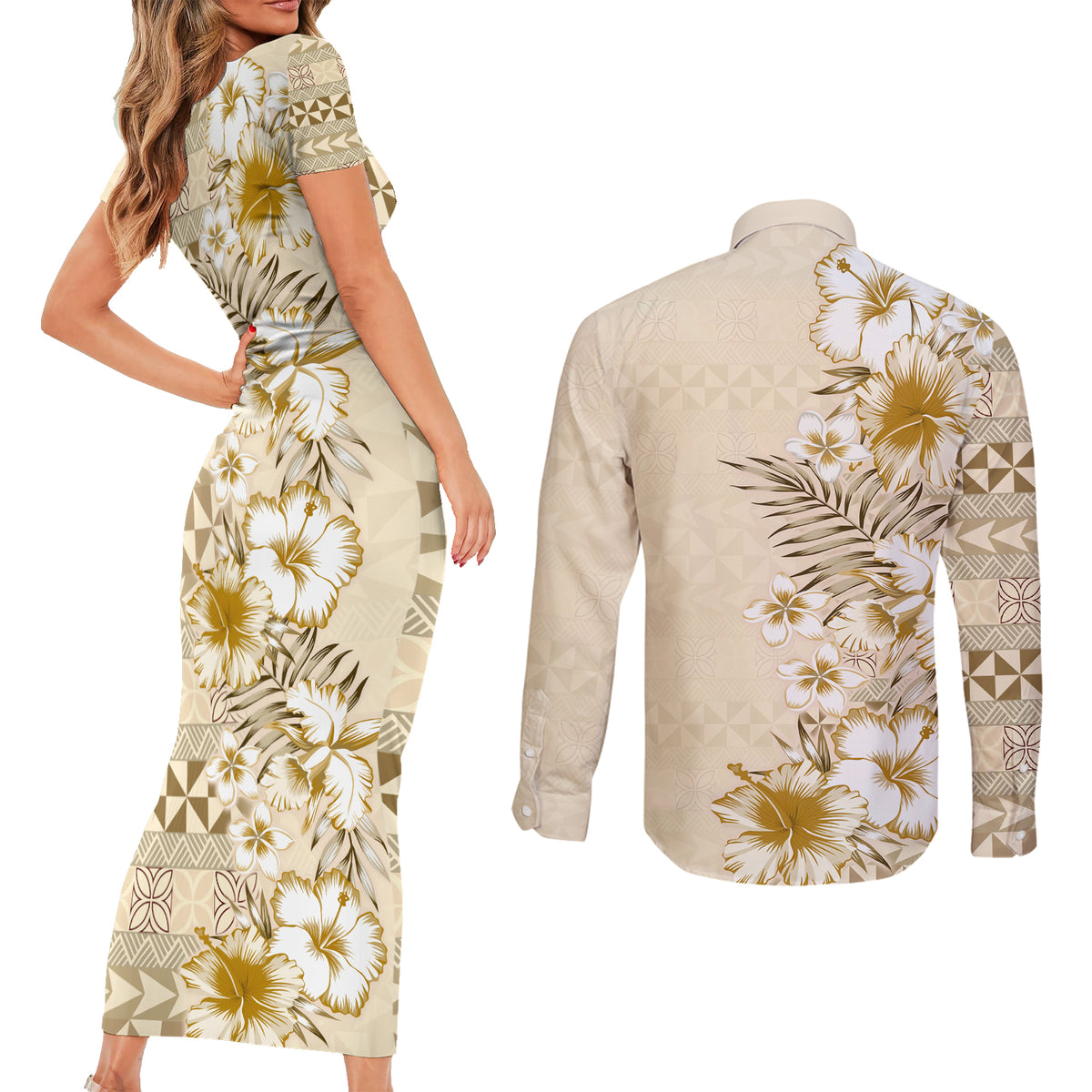 Pasifika Sataoa Pattern Plumeria Vintage Couples Matching Short Sleeve Bodycon Dress and Long Sleeve Button Shirt Beige Tan LT9 - Polynesian Pride