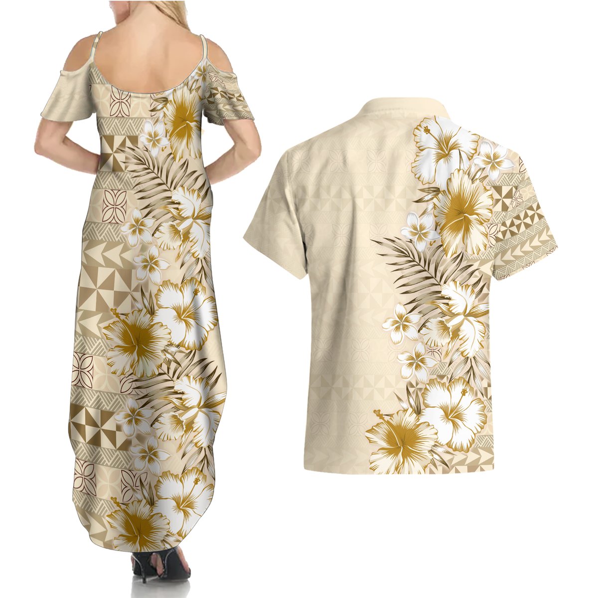 Pasifika Sataoa Pattern Plumeria Vintage Couples Matching Summer Maxi Dress and Hawaiian Shirt Beige Tan LT9 - Polynesian Pride