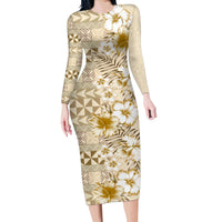 Pasifika Sataoa Pattern Plumeria Vintage Family Matching Long Sleeve Bodycon Dress and Hawaiian Shirt Beige Tan LT9 Mom's Dress Beige Tan - Polynesian Pride
