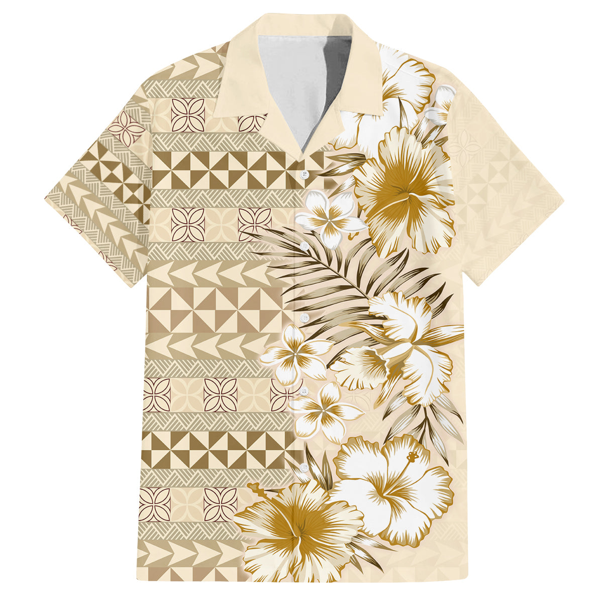 Pasifika Sataoa Pattern Plumeria Vintage Family Matching Off Shoulder Short Dress and Hawaiian Shirt Beige Tan LT9 Dad's Shirt - Short Sleeve Beige Tan - Polynesian Pride