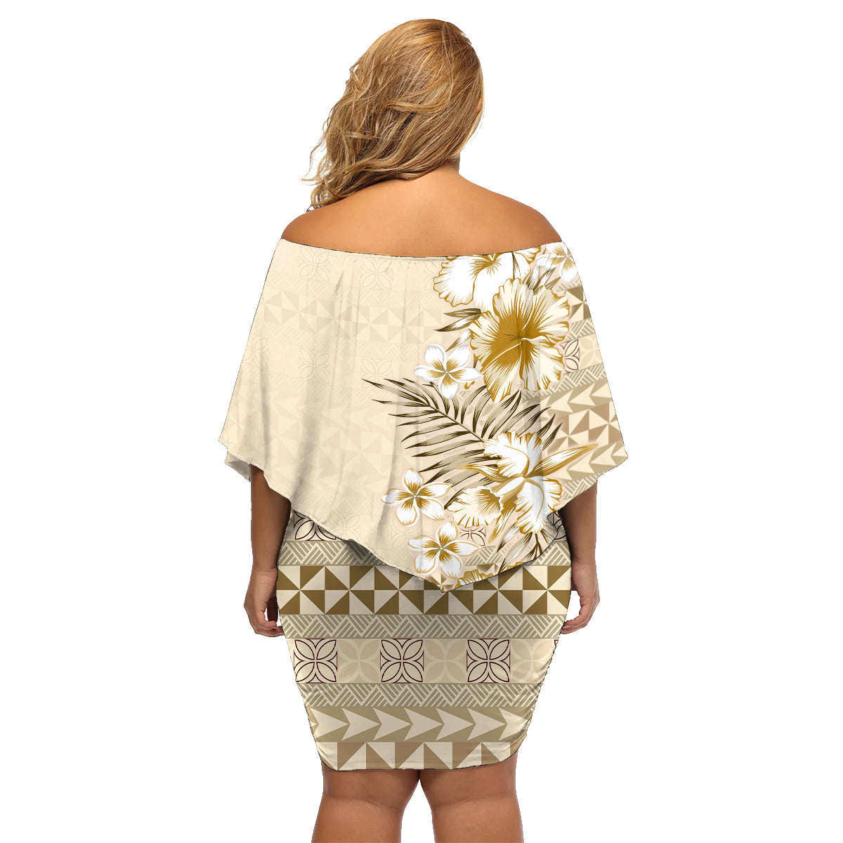 Pasifika Sataoa Pattern Plumeria Vintage Family Matching Off Shoulder Short Dress and Hawaiian Shirt Beige Tan LT9 - Polynesian Pride