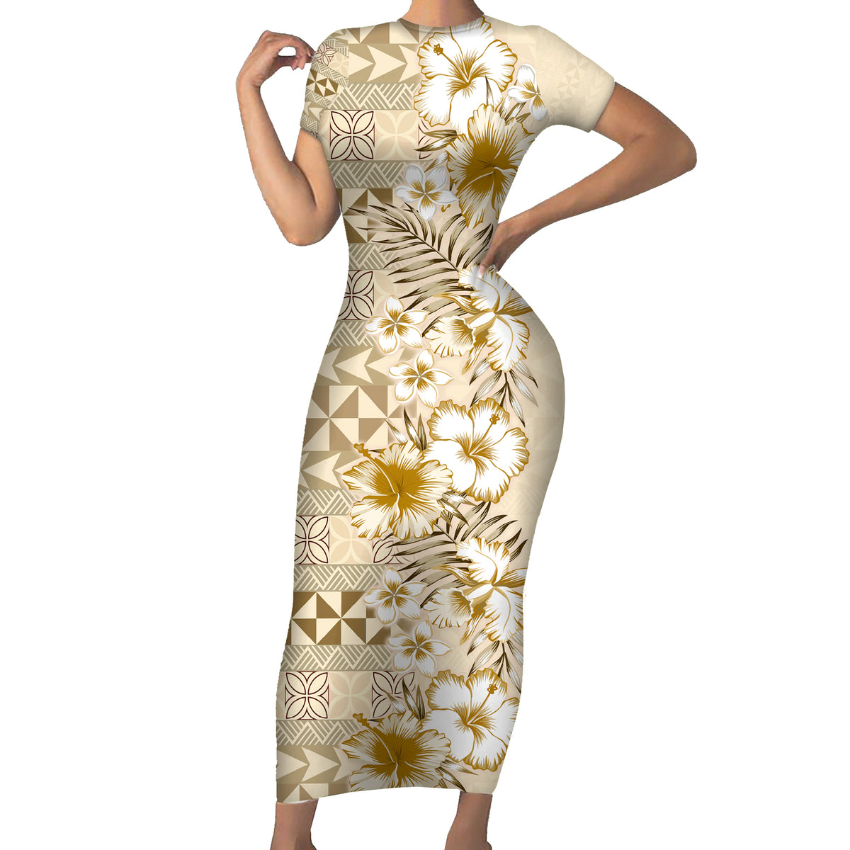 Pasifika Sataoa Pattern Plumeria Vintage Family Matching Short Sleeve Bodycon Dress and Hawaiian Shirt Beige Tan LT9 Mom's Dress Beige Tan - Polynesian Pride