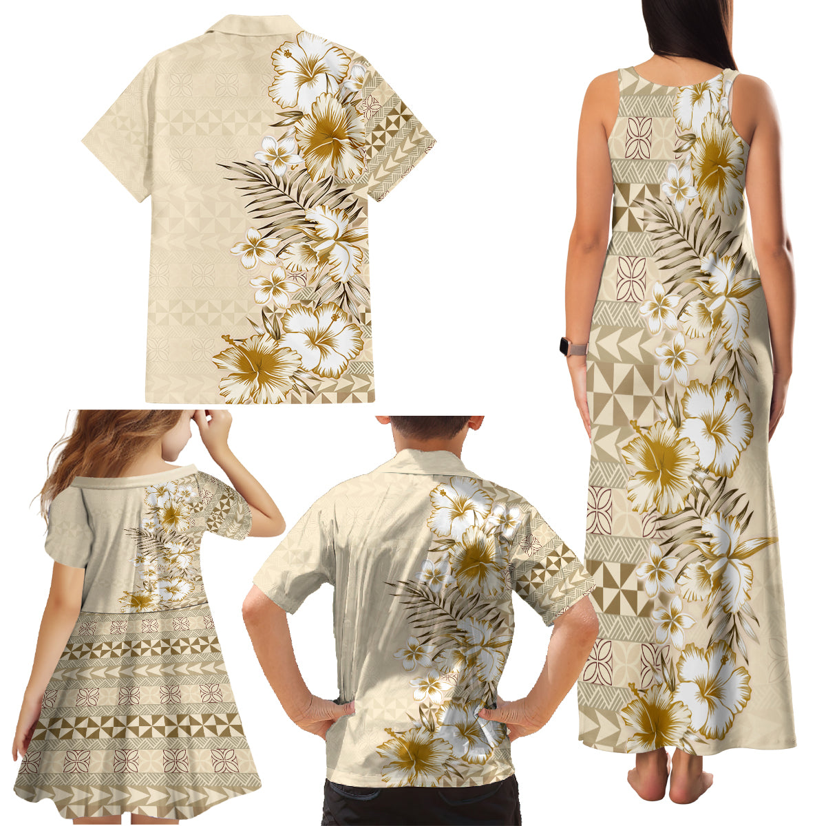 Pasifika Sataoa Pattern Plumeria Vintage Family Matching Tank Maxi Dress and Hawaiian Shirt Beige Tan LT9 - Polynesian Pride