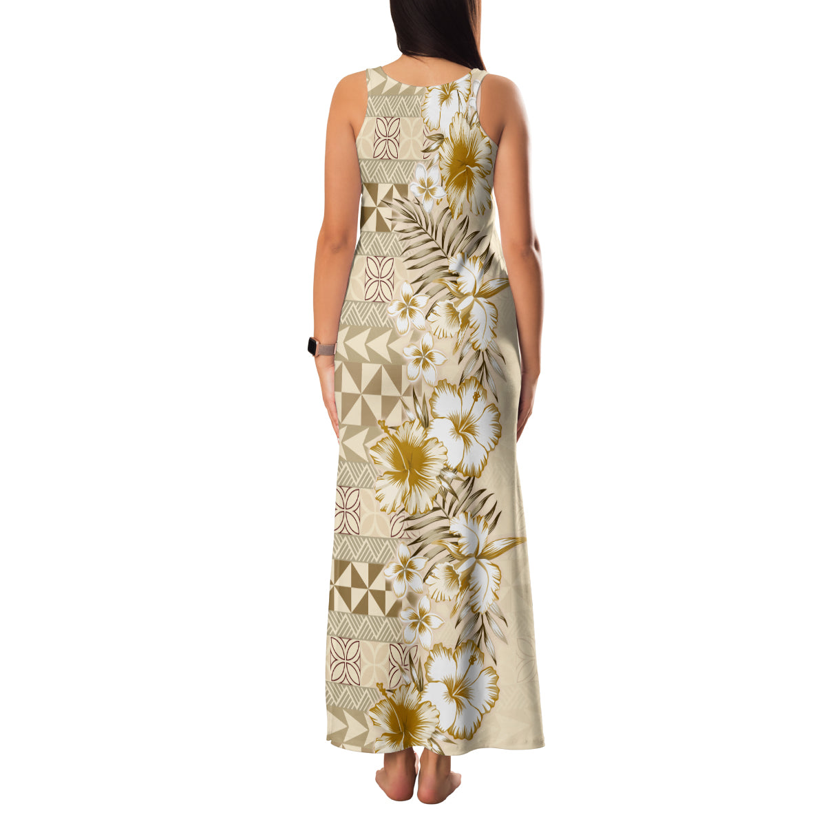 Pasifika Sataoa Pattern Plumeria Vintage Family Matching Tank Maxi Dress and Hawaiian Shirt Beige Tan LT9 - Polynesian Pride
