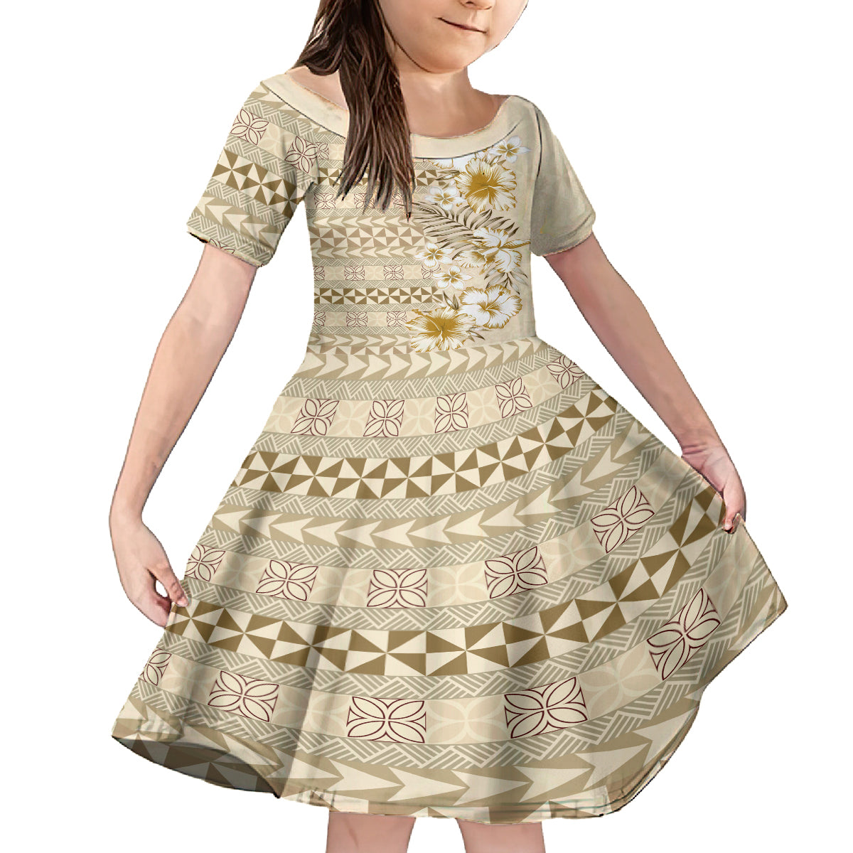 Pasifika Sataoa Pattern Plumeria Vintage Kid Short Sleeve Dress Beige Tan LT9 KID Beige Tan - Polynesian Pride