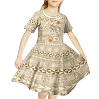 Pasifika Sataoa Pattern Plumeria Vintage Kid Short Sleeve Dress Beige Tan LT9 - Polynesian Pride