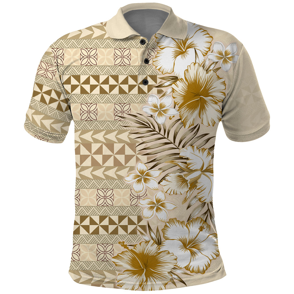 Pasifika Sataoa Pattern Plumeria Vintage Polo Shirt Beige Tan LT9 Beige Tan - Polynesian Pride