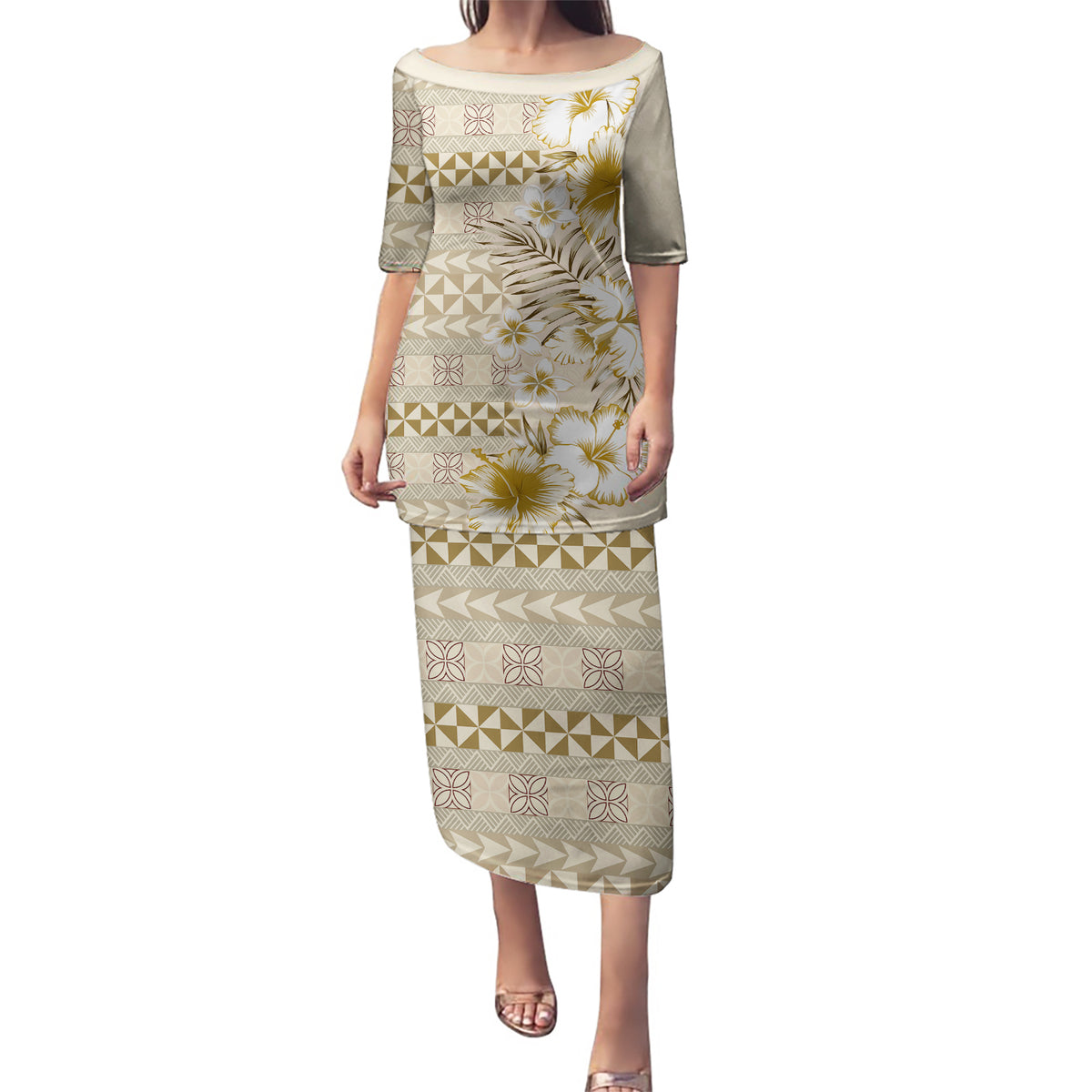 Pasifika Sataoa Pattern Plumeria Vintage Puletasi Beige Tan LT9 Long Dress Beige Tan - Polynesian Pride