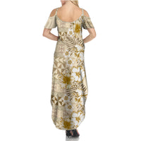 Pasifika Sataoa Pattern Plumeria Vintage Summer Maxi Dress Beige Tan LT9 - Polynesian Pride