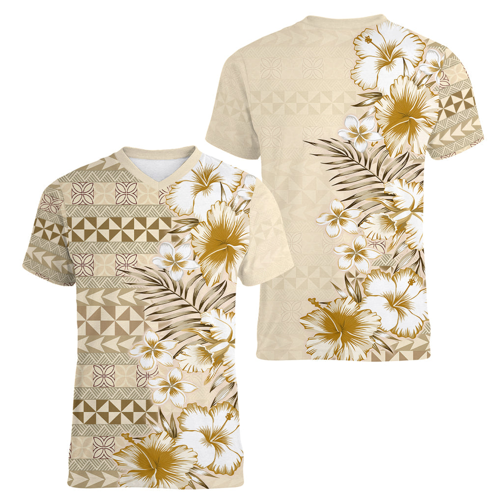 Pasifika Sataoa Pattern Plumeria Vintage Women V Neck T Shirt Beige Tan LT9 - Polynesian Pride