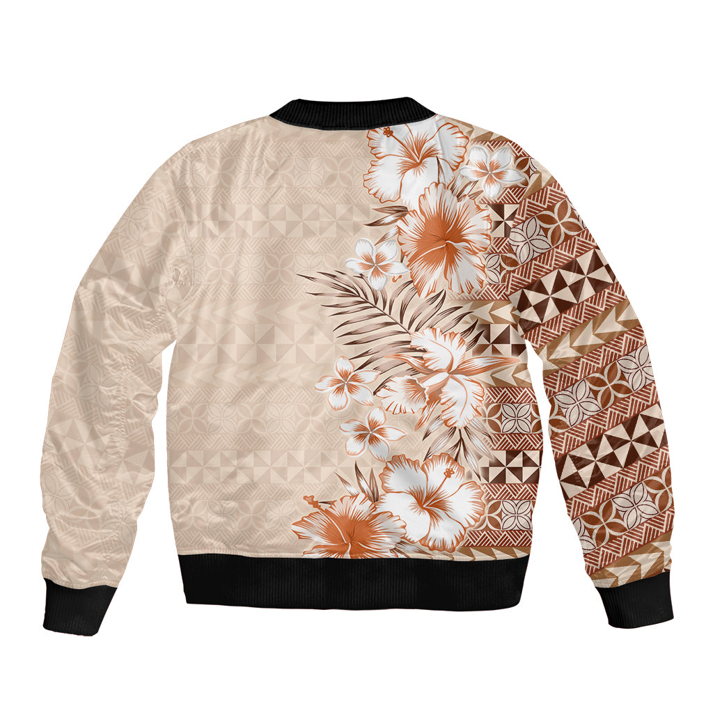 Pasifika Sataoa Pattern Plumeria Vintage Bomber Jacket Brown Beige Tan LT9 - Polynesian Pride