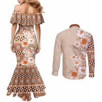Pasifika Sataoa Pattern Plumeria Vintage Couples Matching Mermaid Dress and Long Sleeve Button Shirt Brown Beige Tan LT9 - Polynesian Pride