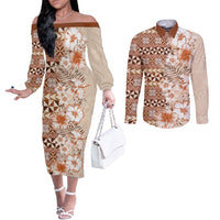 Pasifika Sataoa Pattern Plumeria Vintage Couples Matching Off The Shoulder Long Sleeve Dress and Long Sleeve Button Shirt Brown Beige Tan LT9 Brown - Polynesian Pride