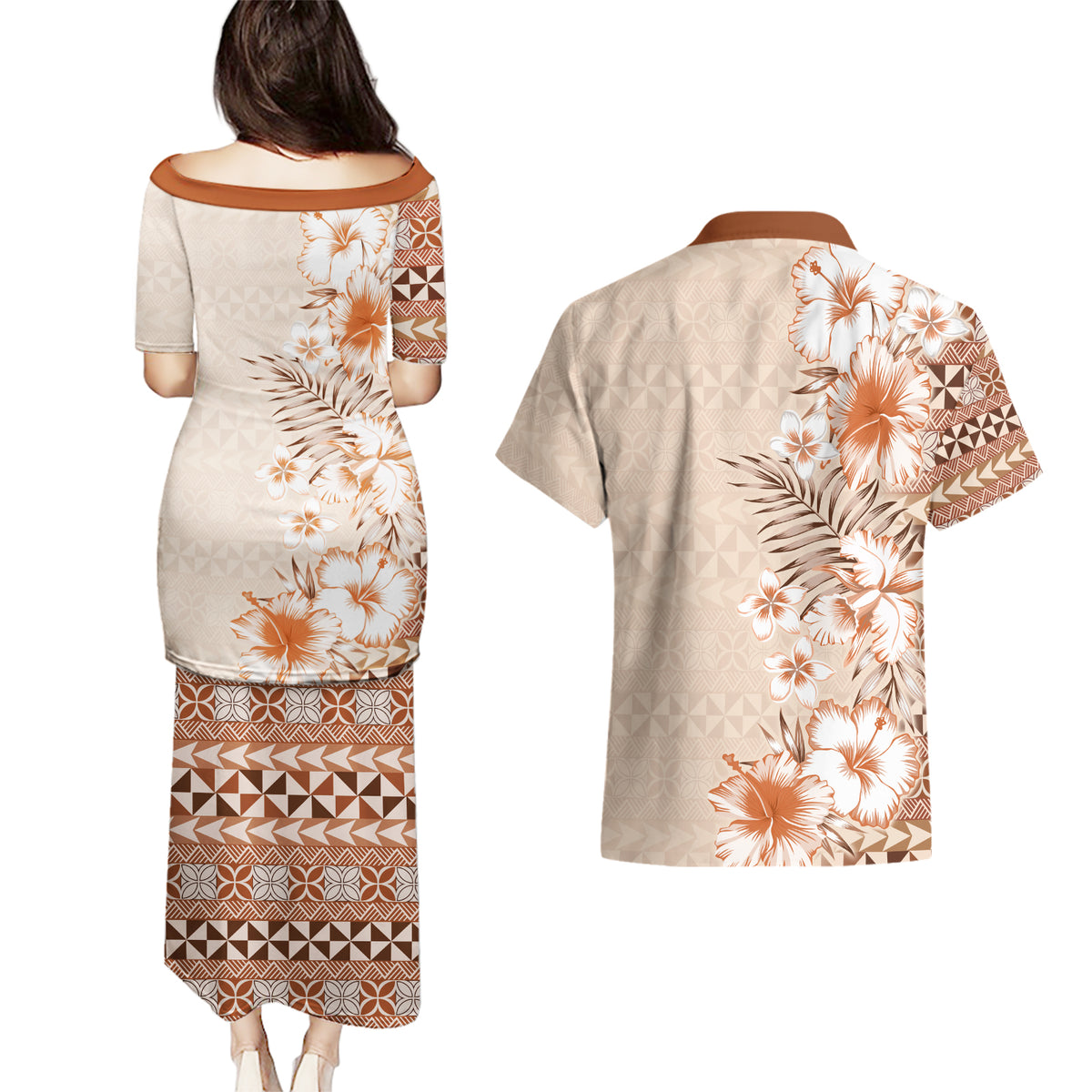 Pasifika Sataoa Pattern Plumeria Vintage Couples Matching Puletasi and Hawaiian Shirt Brown Beige Tan LT9 - Polynesian Pride