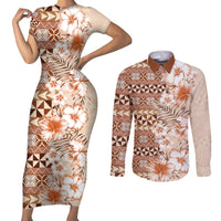 Pasifika Sataoa Pattern Plumeria Vintage Couples Matching Short Sleeve Bodycon Dress and Long Sleeve Button Shirt Brown Beige Tan LT9 Brown - Polynesian Pride
