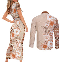 Pasifika Sataoa Pattern Plumeria Vintage Couples Matching Short Sleeve Bodycon Dress and Long Sleeve Button Shirt Brown Beige Tan LT9 - Polynesian Pride
