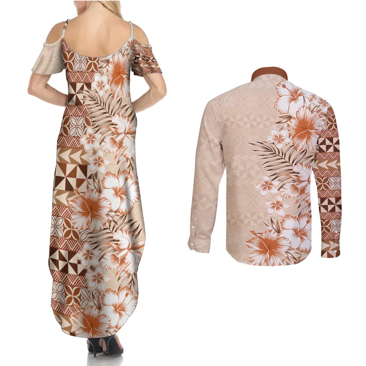 Pasifika Sataoa Pattern Plumeria Vintage Couples Matching Summer Maxi Dress and Long Sleeve Button Shirt Brown Beige Tan LT9 - Polynesian Pride