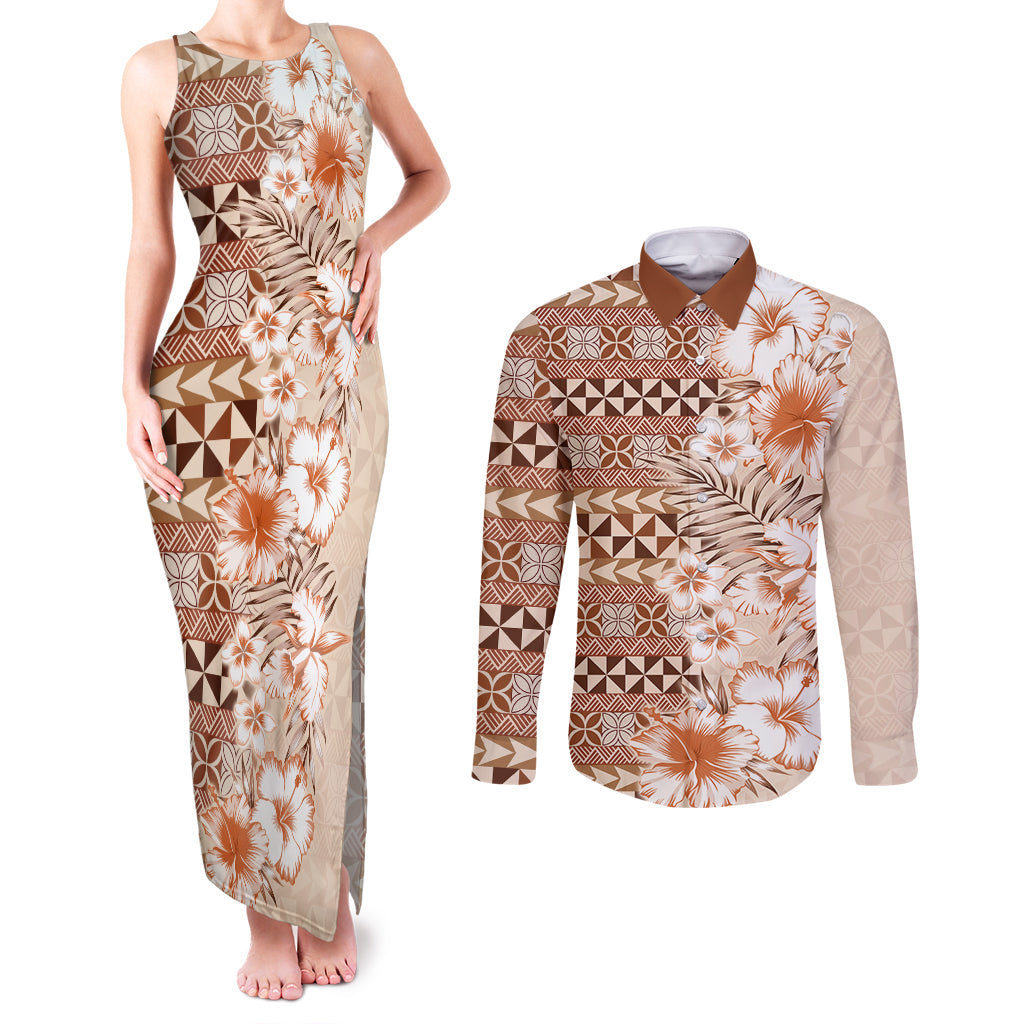 Pasifika Sataoa Pattern Plumeria Vintage Couples Matching Tank Maxi Dress and Long Sleeve Button Shirt Brown Beige Tan LT9 Brown - Polynesian Pride
