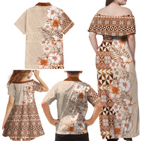 Pasifika Sataoa Pattern Plumeria Vintage Family Matching Off Shoulder Maxi Dress and Hawaiian Shirt Brown Beige Tan LT9 - Polynesian Pride