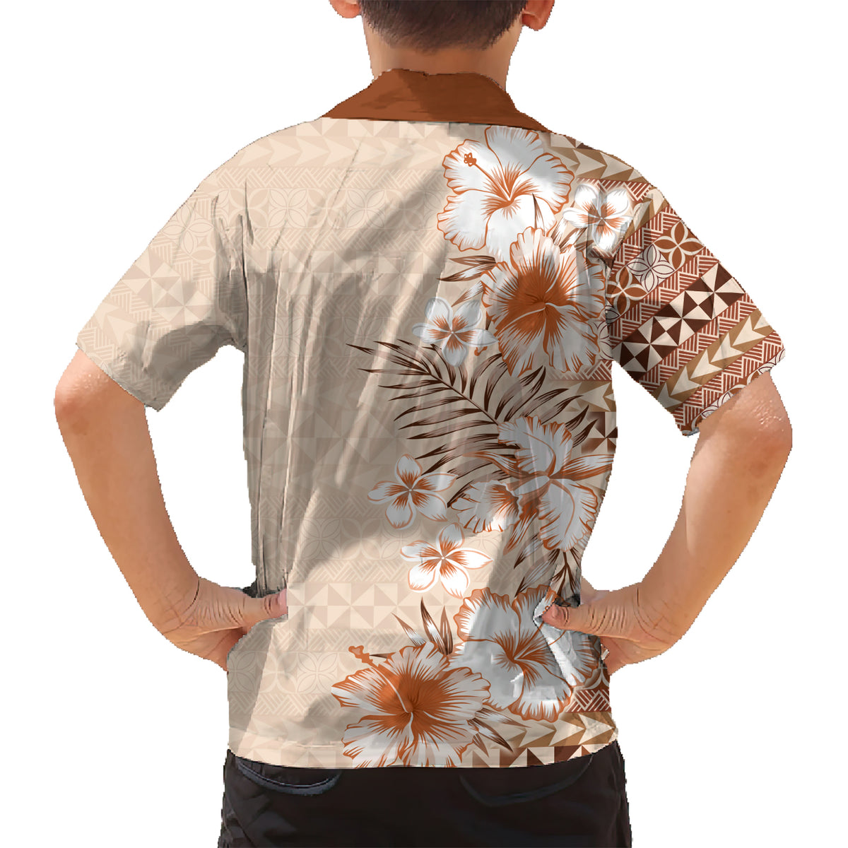 Pasifika Sataoa Pattern Plumeria Vintage Family Matching Short Sleeve Bodycon Dress and Hawaiian Shirt Brown Beige Tan LT9 - Polynesian Pride