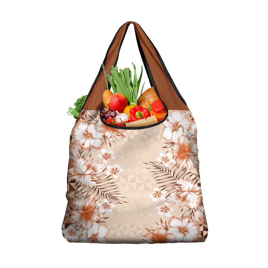 Pasifika Sataoa Pattern Plumeria Vintage Grocery Bag Brown Beige Tan