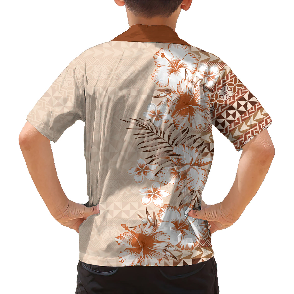 Pasifika Sataoa Pattern Plumeria Vintage Kid Hawaiian Shirt Brown Beige Tan LT9 - Polynesian Pride