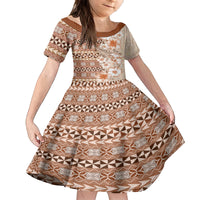 Pasifika Sataoa Pattern Plumeria Vintage Kid Short Sleeve Dress Brown Beige Tan LT9 KID Brown - Polynesian Pride
