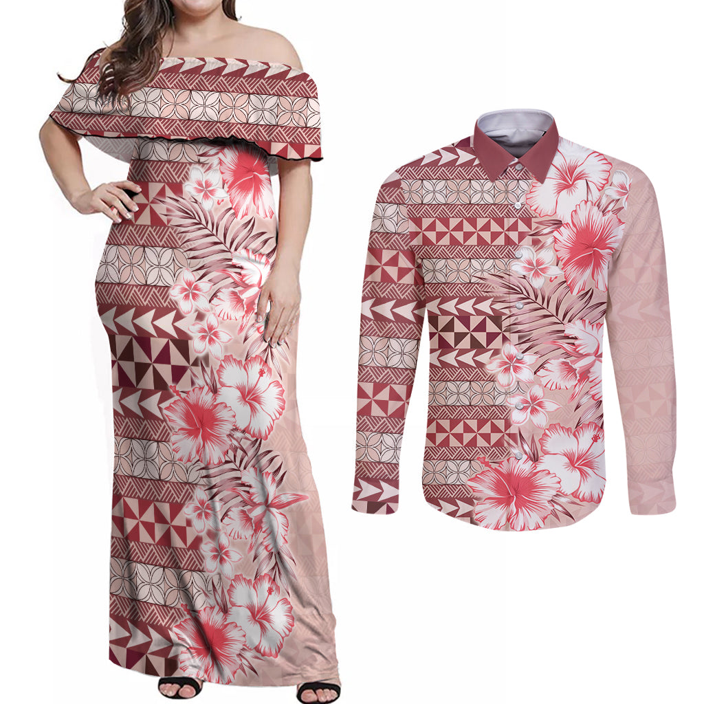 Pasifika Sataoa Pattern Plumeria Vintage Couples Matching Off Shoulder Maxi Dress and Long Sleeve Button Shirt Cherry LT9 Cherry - Polynesian Pride
