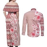 Pasifika Sataoa Pattern Plumeria Vintage Couples Matching Off Shoulder Maxi Dress and Long Sleeve Button Shirt Cherry LT9 - Polynesian Pride