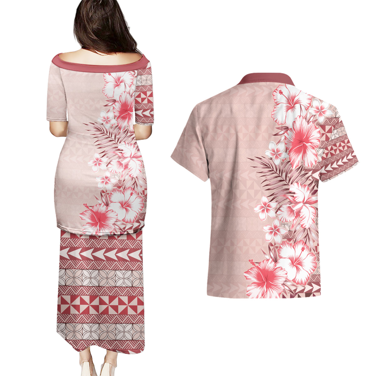 Pasifika Sataoa Pattern Plumeria Vintage Couples Matching Puletasi and Hawaiian Shirt Cherry LT9 - Polynesian Pride