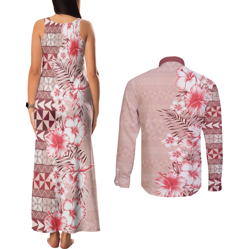 Pasifika Sataoa Pattern Plumeria Vintage Couples Matching Tank Maxi Dress and Long Sleeve Button Shirt Cherry LT9 - Polynesian Pride