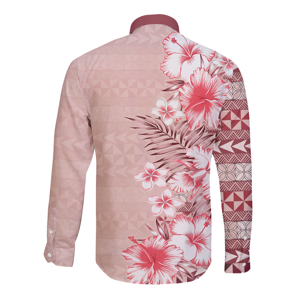 Pasifika Sataoa Pattern Plumeria Vintage Long Sleeve Button Shirt Cherry LT9 - Polynesian Pride