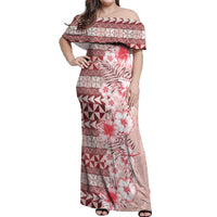 Pasifika Sataoa Pattern Plumeria Vintage Off Shoulder Maxi Dress Cherry LT9 Women Cherry - Polynesian Pride